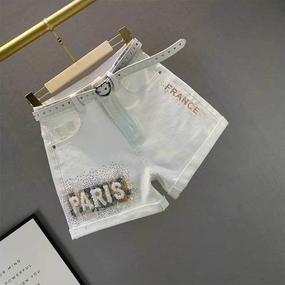 White Denim Shorts Women's 2024 Summer European Station Loose High Waist Hot Pants Fashion Letter Diamond Jean Pants Ladies