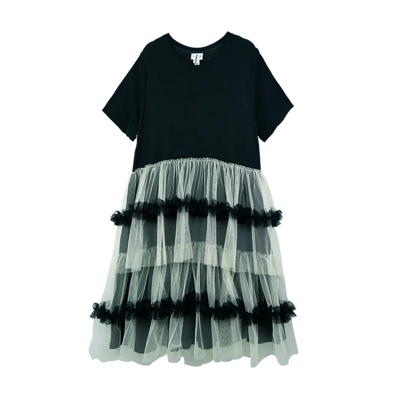 IMAKOKONI Original Design Black Short Sleeve Dress Mesh Splice Casual Loose Fit Dress 234147 Dress