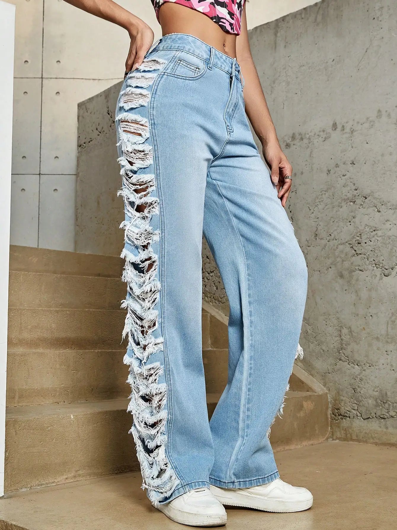 Y2K Women Fashion Side Ripped Detail Jeans Street Solid Low Waist Washed Blue Straight Leg Ladies Denim Trousers