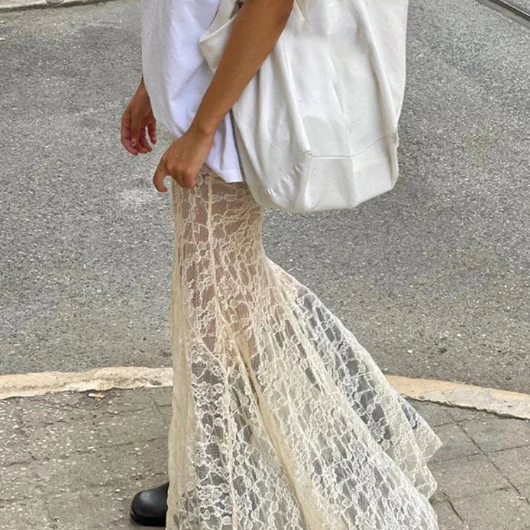 TARUXY Lace Mesh Splice Long Skirts For Women 2023 See Through Sexy High Waist Maxi Skirt Femme Club Hollow Out Skirts Ladies