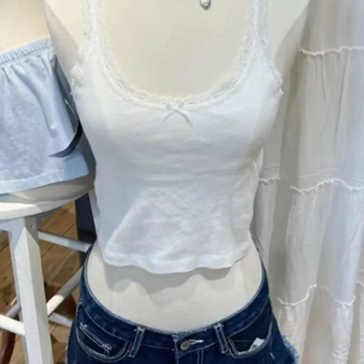 Casual Women Fashion Soft Cotton White Bow Ornament Tanks Summer Vintage O Neck Lace Edge Sleeveless Female Chic Tops