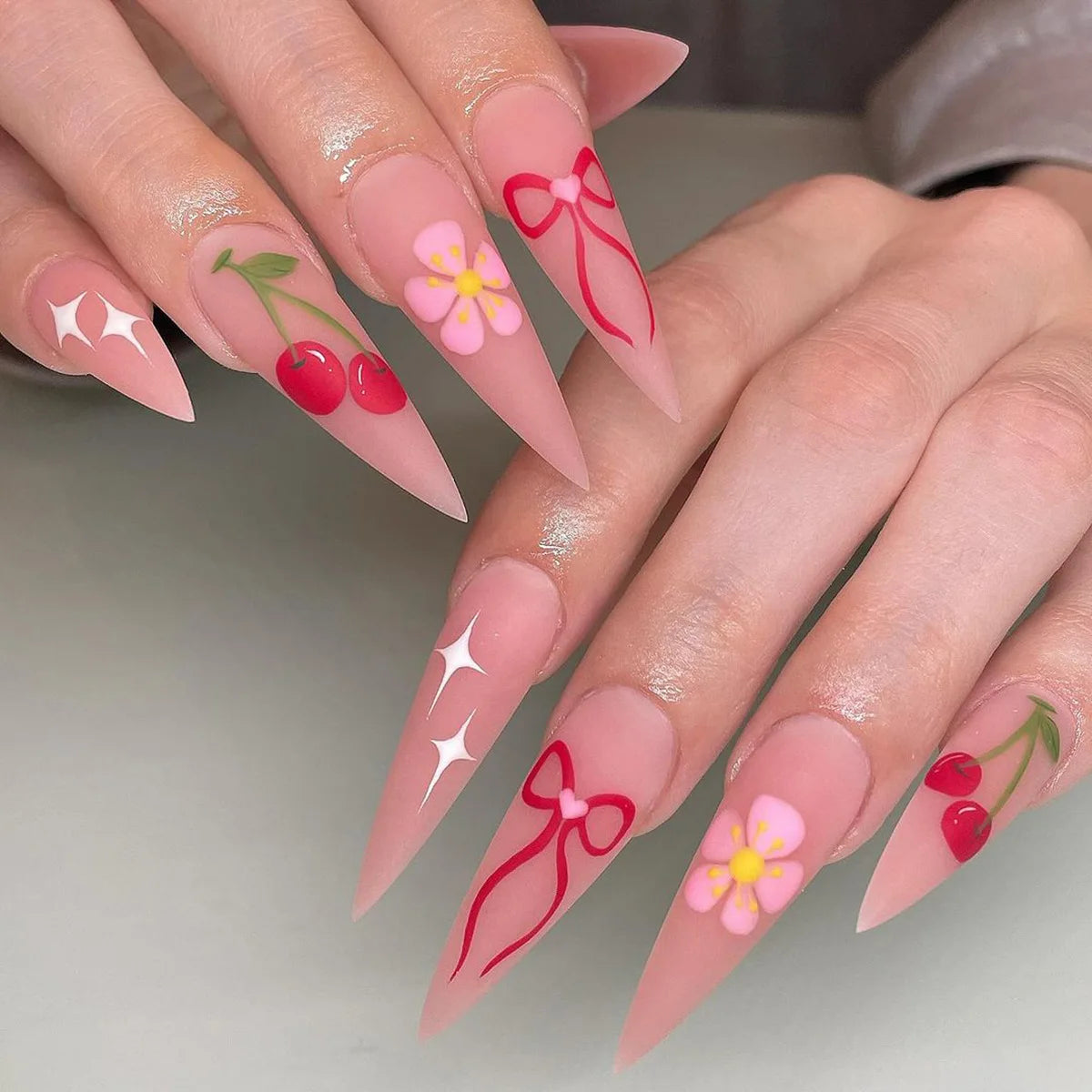 24pcs Pink Frosted Sweet False Nails Colorful Fruit Printed Long Stiletto Press On Nails Full Cover Charming Dopamine Fake Nail