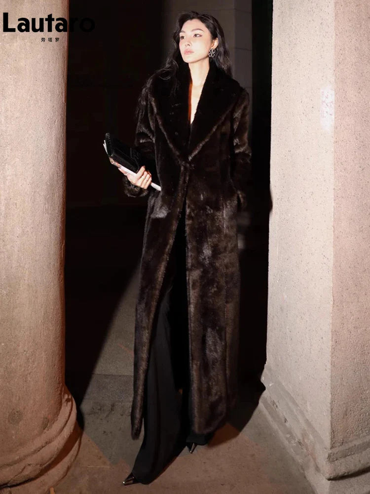 Autumn Winter Extra Long Thick Warm Faux Mink Fur Coat Women Shawl Collar Soft Maxi Elegant Fluffy Furry Overcoat 2023