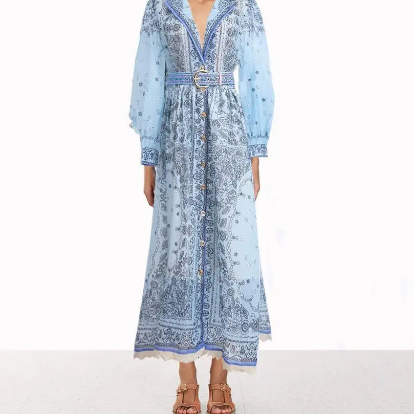 Summer Vintage For Women Printing Dresses Long Sleeve Lapel Single Breasted Chiffon Dress High Waist New Luxury Female Clothing