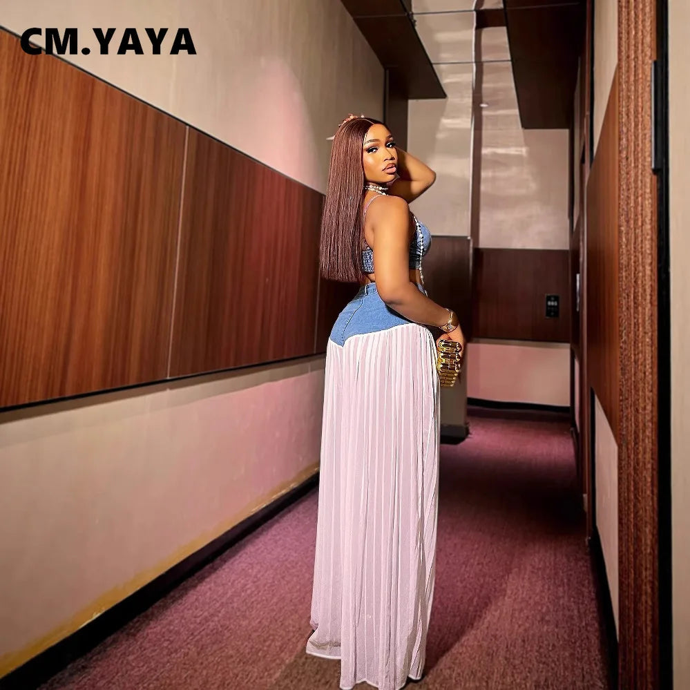 CM.YAYA Fashion Denim Chiffon Women's Set Strapless Crop Top and Jeans Pants Suits 2025 Sexy Party Club Two 2 Piece Set Outfits