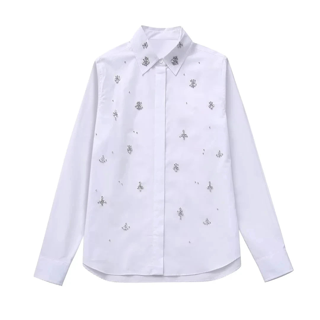 White Shirt Women Rhinestone Button up Shirts for Women Long Sleeve Shirts and Blouses Woman Asymmetric Tops K24194-white