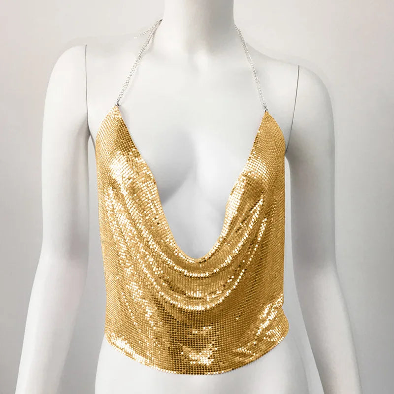 Sexy Rhinestone Backless Party Crop Top Women Glitter Turtleneck TShirt Adjustable Metal Chain Summer Nightculb Diamond Tank Top Gold color
