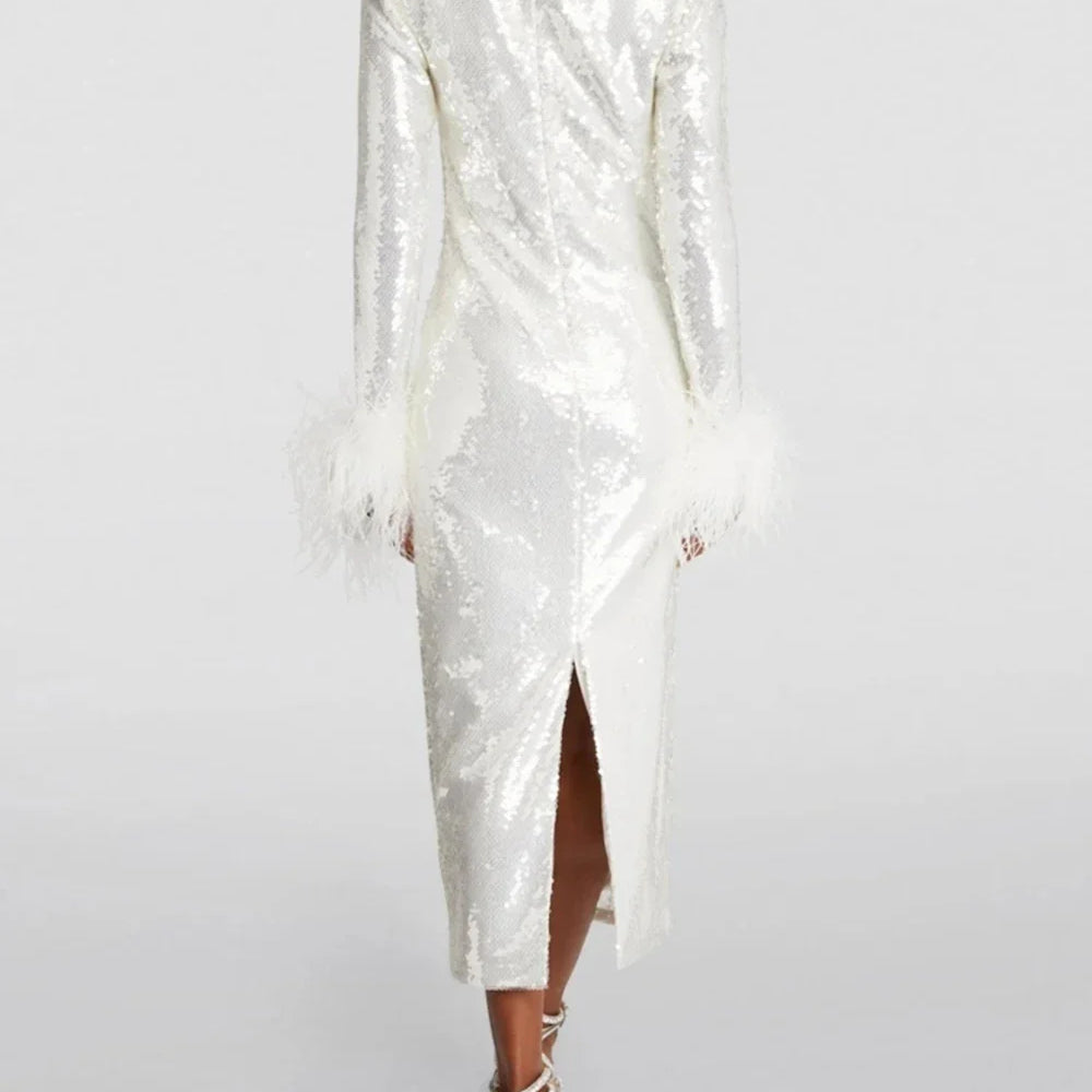 Modphy Women O Neck Long Sleeve Luxury Sequin Feather Bodycon Dress White Elegant Skinny Dress Celebrity Evening Party