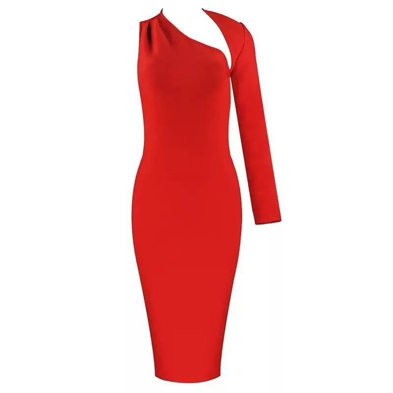 Woman Autumn Backless One Shoulder Sleeve Irregular Sexy Hollow Bandage Slim Long Sleeve Dresses Red