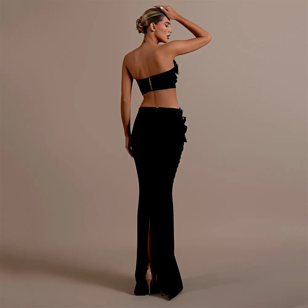 Top Quality Women Sexy Off the Shoulder Crystal Tops 2 Pieces Bodycon Bandage Long Dress Celebrate Evening Party Birthday Dress