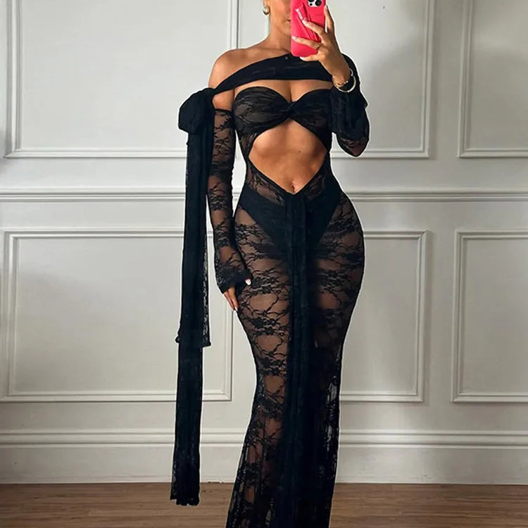 Sexy Lace See Through Black Long Dress Women Cut Out With Scarf Slim Fit Full Sleeve Maxi Dresses New Summer Evening Club Robes