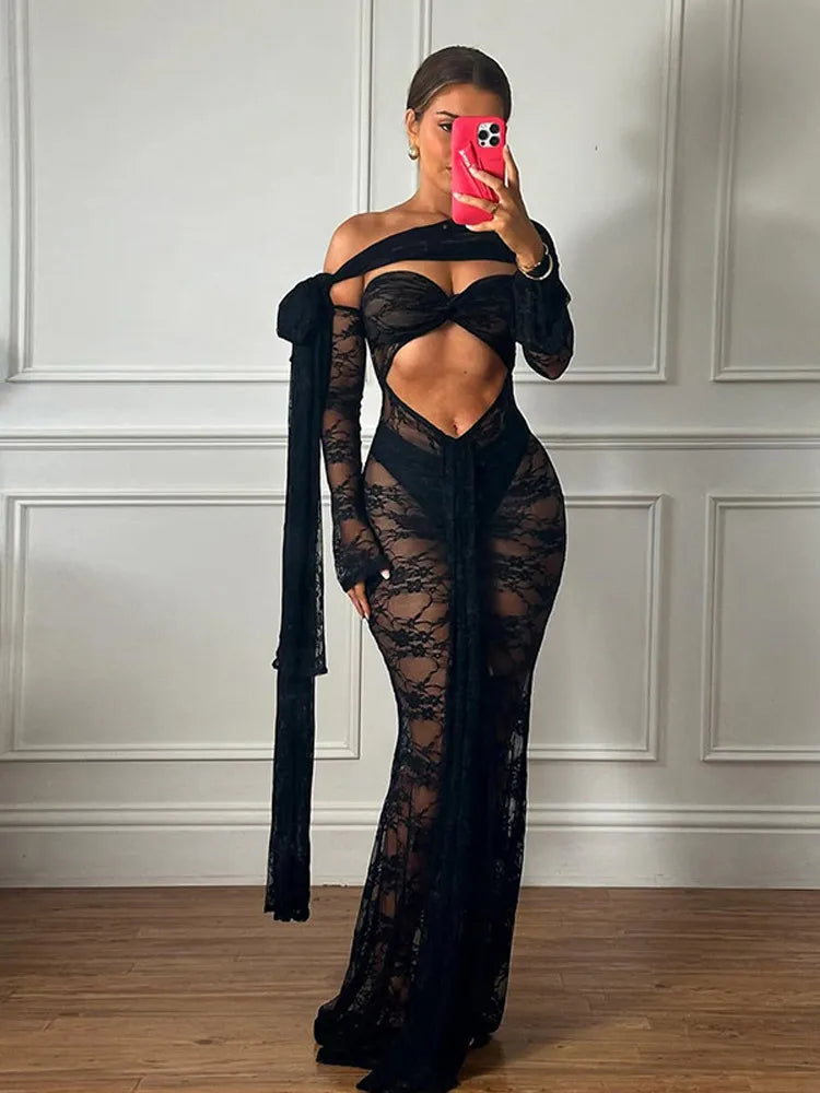 Sexy Lace See Through Black Long Dress Women Cut Out With Scarf Slim Fit Full Sleeve Maxi Dresses New Summer Evening Club Robes