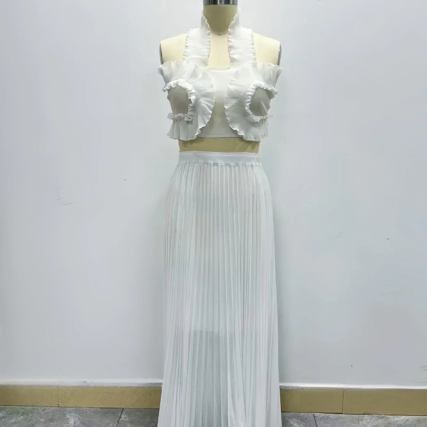 CM.YAYA Streetwear Women's Set Sleeveless Halter Crop Pleated Top+Wide Leg Pants Elegant 2024 Fall Party Two 2-Piece Set Outfits WHITE One Size