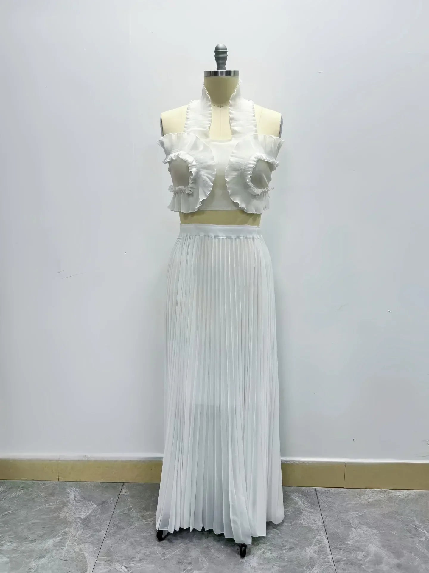 CM.YAYA Streetwear Women's Set Sleeveless Halter Crop Pleated Top+Wide Leg Pants Elegant 2024 Fall Party Two 2-Piece Set Outfits WHITE One Size