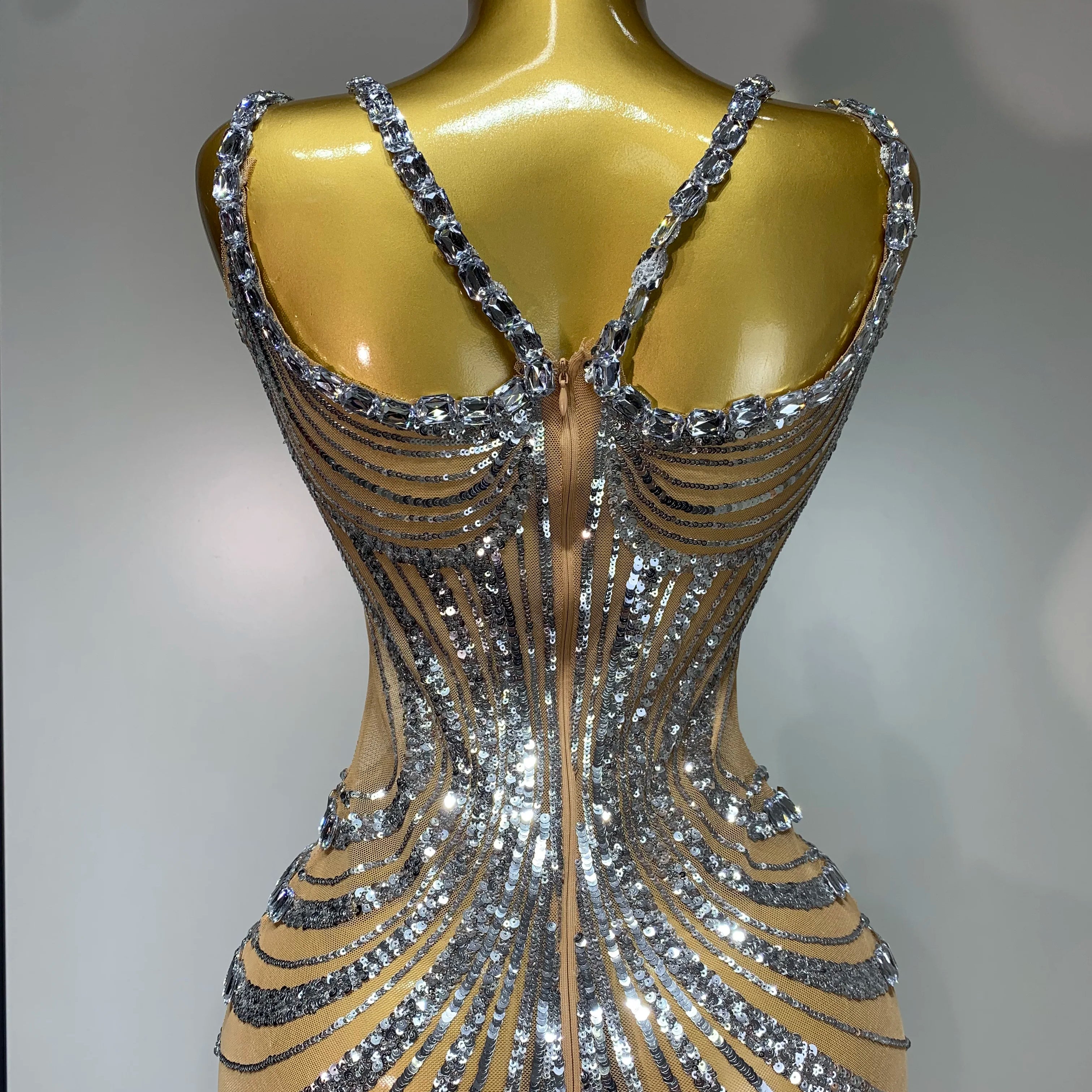 Sexy Silver Rhinestone White Mesh See Through Long Dress Women Luxury Birthday Party Prom Gown Singer Nightclub Stage Outfit