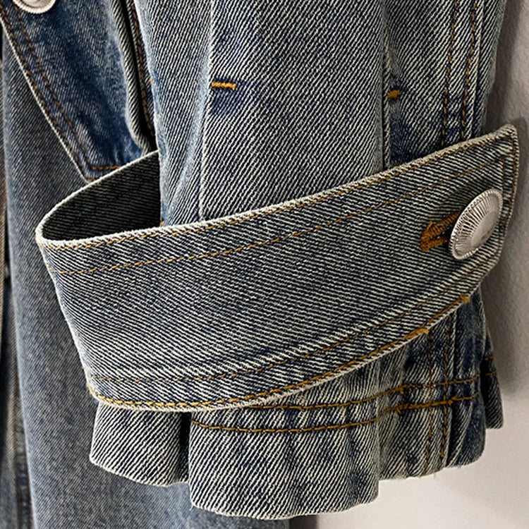 DEAT Fashion Women's Denim Jackets Loose Big Double Layer Collar Single Breasted Long Sleeve Sashes Coat Winter New 17A4709