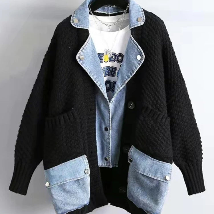 Jackets Autumn Winter New Loose and Lazy Style Thickened Sweater Cardigan Top Fashion Personalized Combination Denim Coat Women black