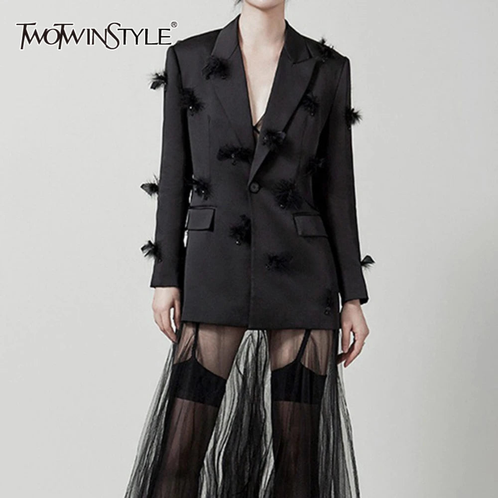 TWOTWINSTYLE Solid Slimming Spliced Bead Feather Blazers for Women Lapel Long Sleeves Patchwork Button Blazer Female Fashion New