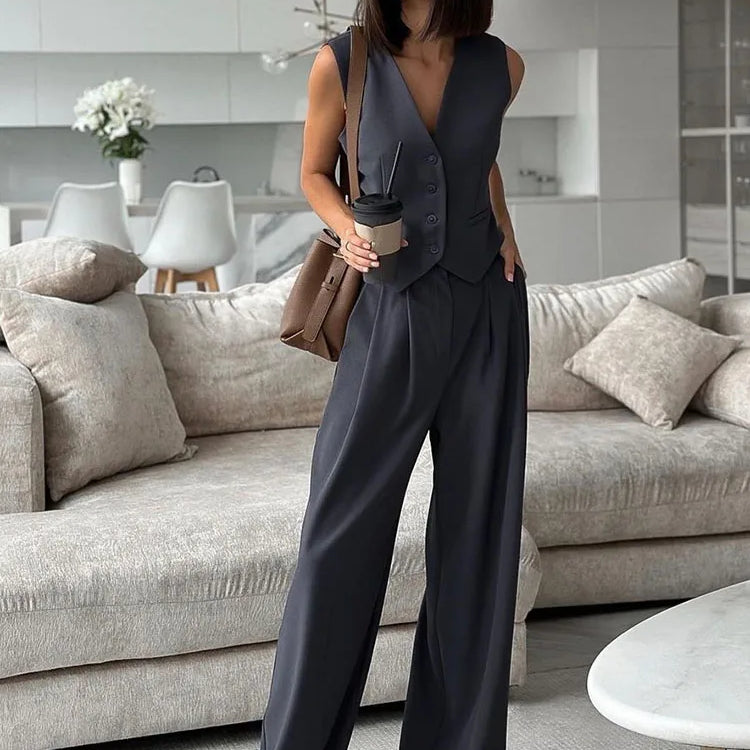 New Two Piece Wide Leg Pants Set Women's Spring New V-Neck Sleeveless Vest with Hanging Wide Leg Pants Casual Set GRAY