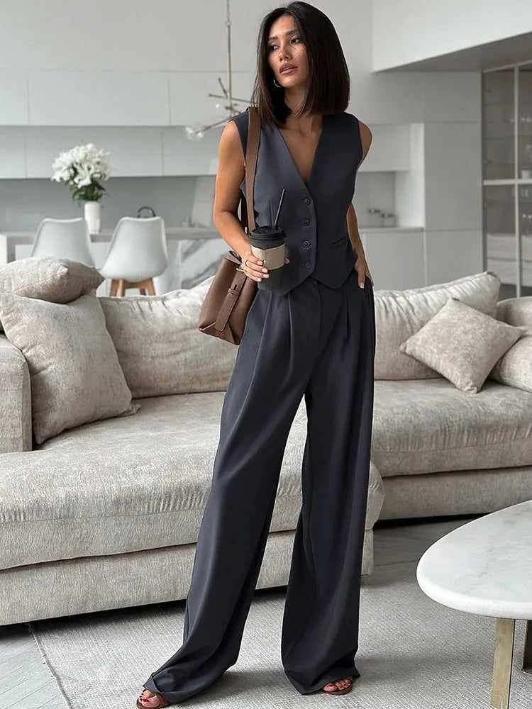 New Two Piece Wide Leg Pants Set Women's Spring New V-Neck Sleeveless Vest with Hanging Wide Leg Pants Casual Set GRAY