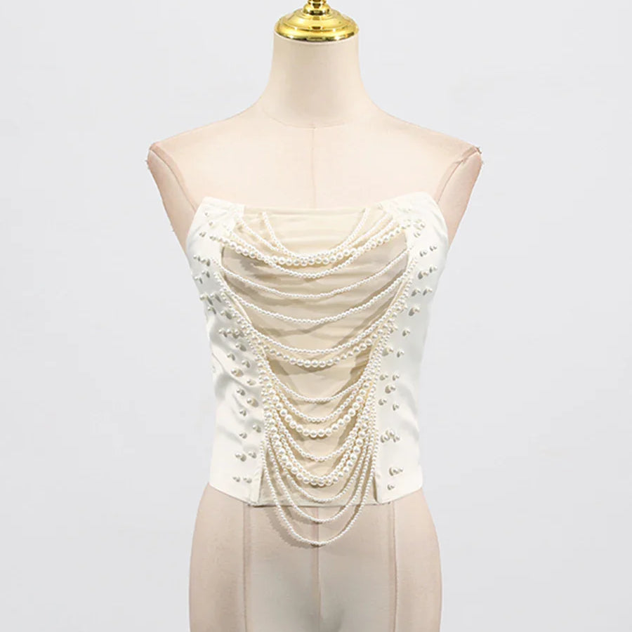 Solid Slimming Spliced Chain Tanks for Women Strapless Sleeveless Patchwork Bead Tank Female Fashion Clothing New