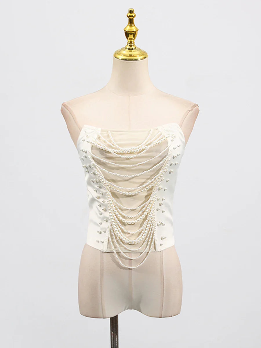 Solid Slimming Spliced Chain Tanks for Women Strapless Sleeveless Patchwork Bead Tank Female Fashion Clothing New