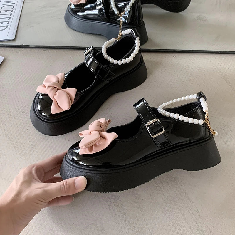 Autumn Girl Elegant Single Shoes Ribbon Bow Sweet Children Princess Shoes Fairy Kids Leather Shoe School Black Mary Janes