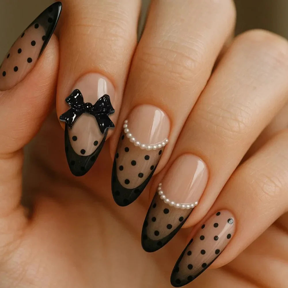 Spicy Girls Almond Fake Nails 24Pcs French Press On Nails Polka Dot/Stripe Printed Charm Manicure Full Cover Stick-on False Nail