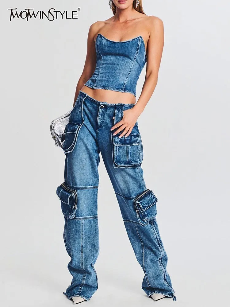 Denim Vintage Two Piece Sets For Women Strapless Sleeveless Tops High Waist Spliced Pockets Pant Casual Set Female