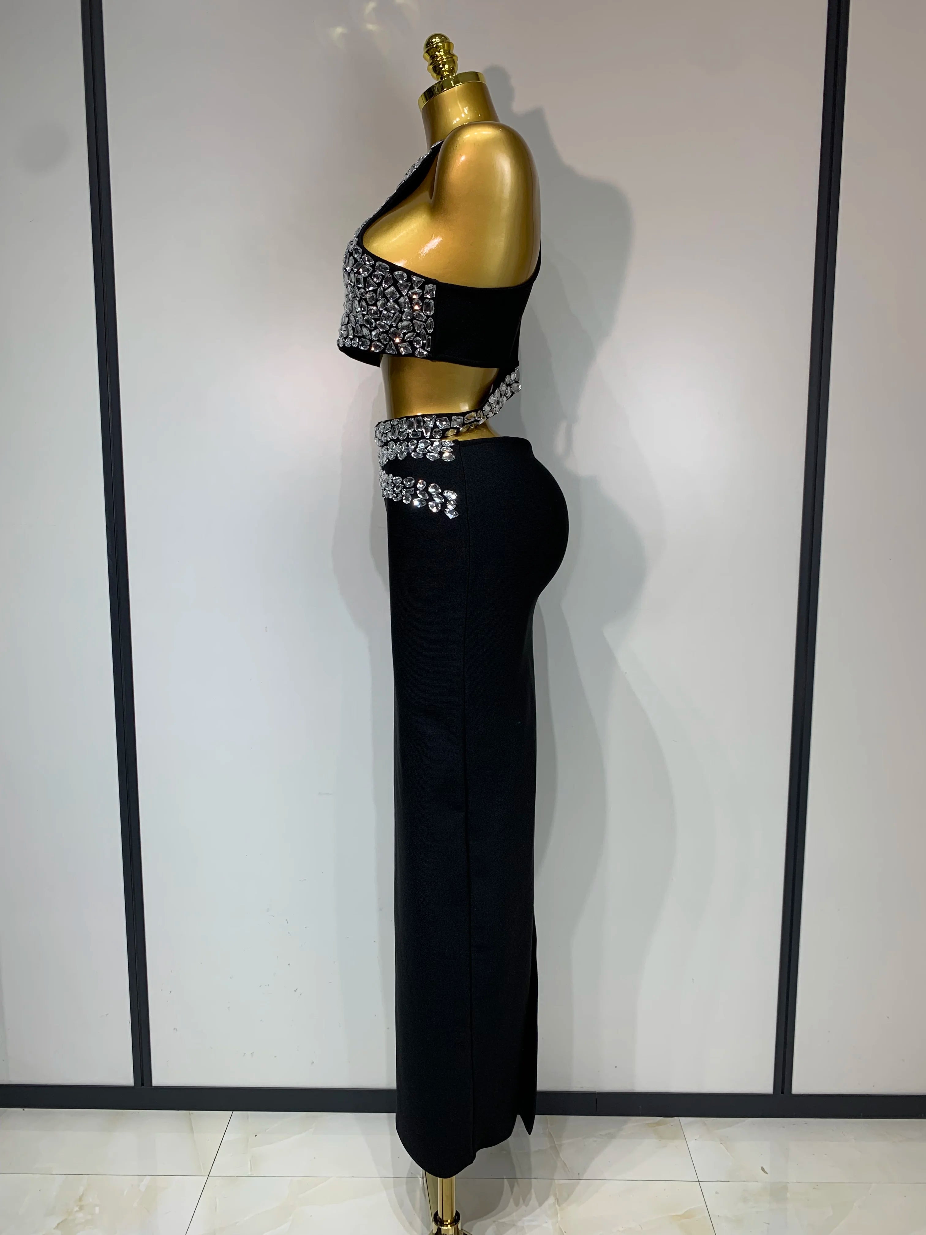 Sparkly Crystal Bodycon Long Bandage Dress 2025 Women Sexy Top Two Pieces Set Nightclub Elegant Party Birthday Stage Costume