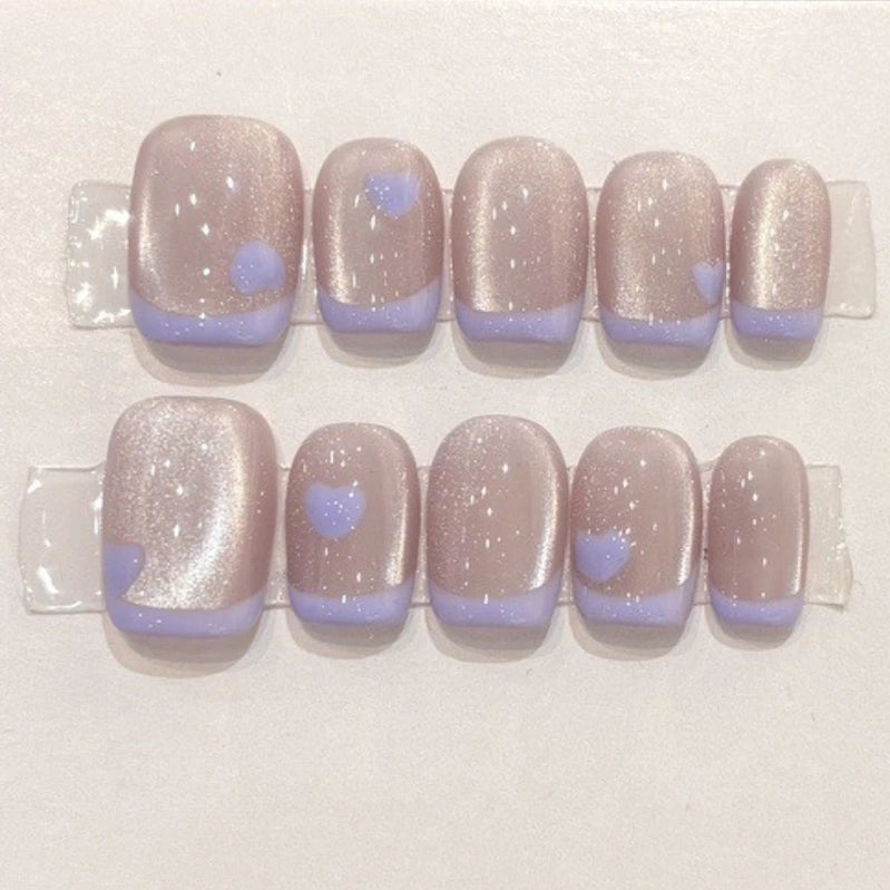 10Pcs Purple Ballet Handmade Short Nail with Butterfly Sparkle Cat Eye Fake Nail Spice Girl French Full Cover Press on Nail Tips