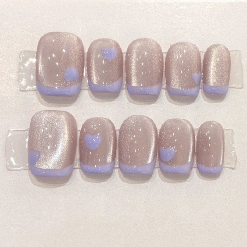 10Pcs Purple Ballet Handmade Short Nail with Butterfly Sparkle Cat Eye Fake Nail Spice Girl French Full Cover Press on Nail Tips