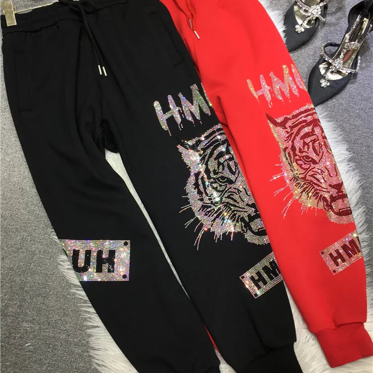 4XL Plus Size Luxury Brand Thick Rhinestone Tiger Pant Women Autumn 150 KG Casual Large Size Trousers Ladies Streetwear Winter