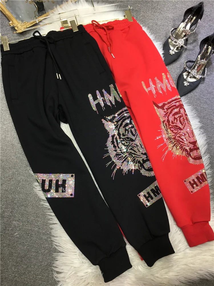 4XL Plus Size Luxury Brand Thick Rhinestone Tiger Pant Women Autumn 150 KG Casual Large Size Trousers Ladies Streetwear Winter