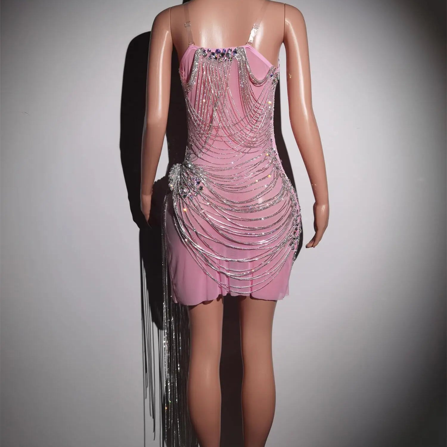 Rhinestones Crystals Fringes Dress Woman Birthday Celebrate Prom Dresses Pink Party Costume Sexy Dancer Stage Outfits Luoli
