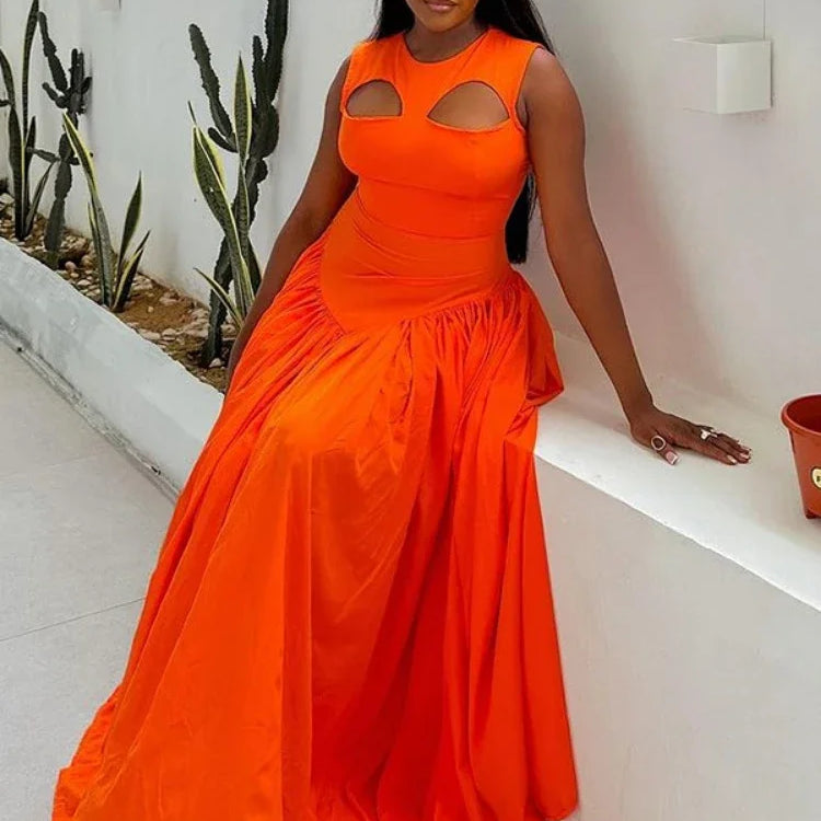 CM.YAYA 2024 Summer Sleeveless Sweet Cute O-Neck Hollow Out Slim Floor-Length Long Women Dress Beach Streetwear Maxi Dresses