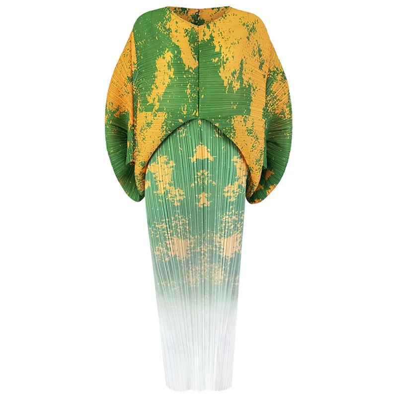 Spring Print Pleated Skirt/Holiday Party Temperament Loose Bat S Sleeve Dress Factory Spot green One Size