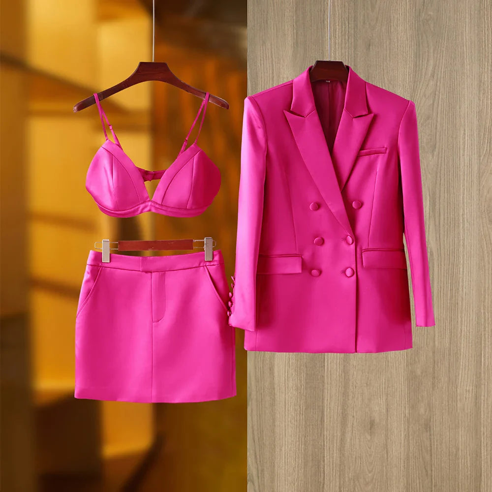 Smooth Satin Fabric Fusicha 3PCS Blazer Suit Fashion Elegant Street Mini Skirt Women Quality Clothing Fuchsia