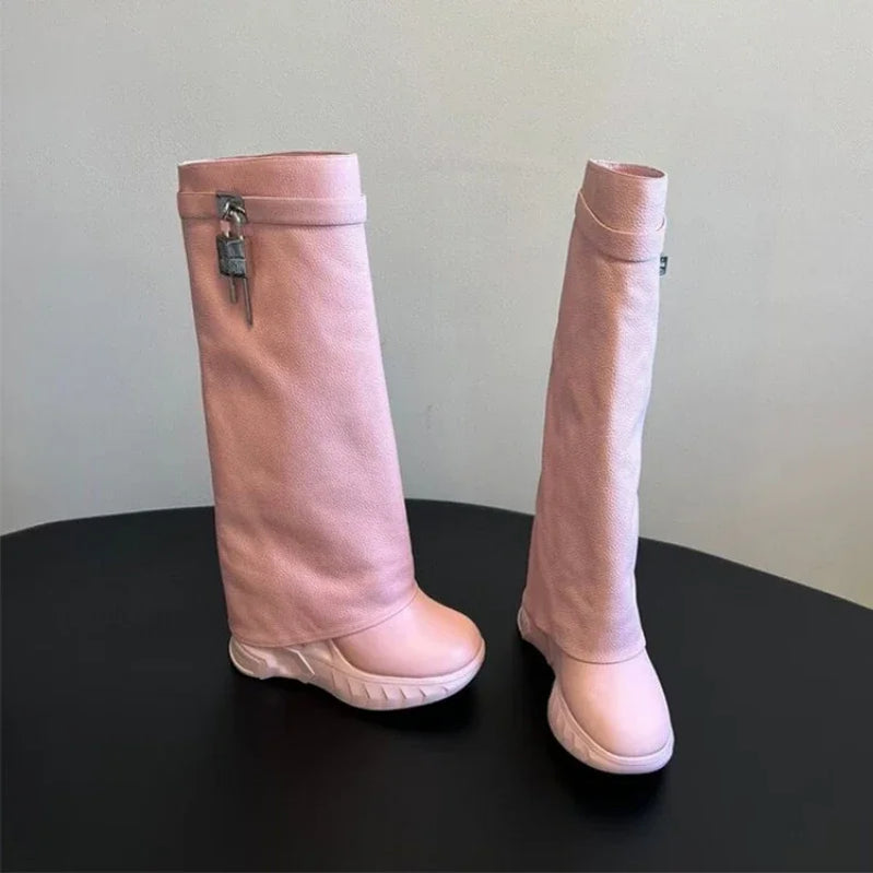 Leather Metal Padlock Woman Knee Length Boots Black Pink Slope Heel Autumn Winter Skirt Boots Size 35-43 Women Shoes