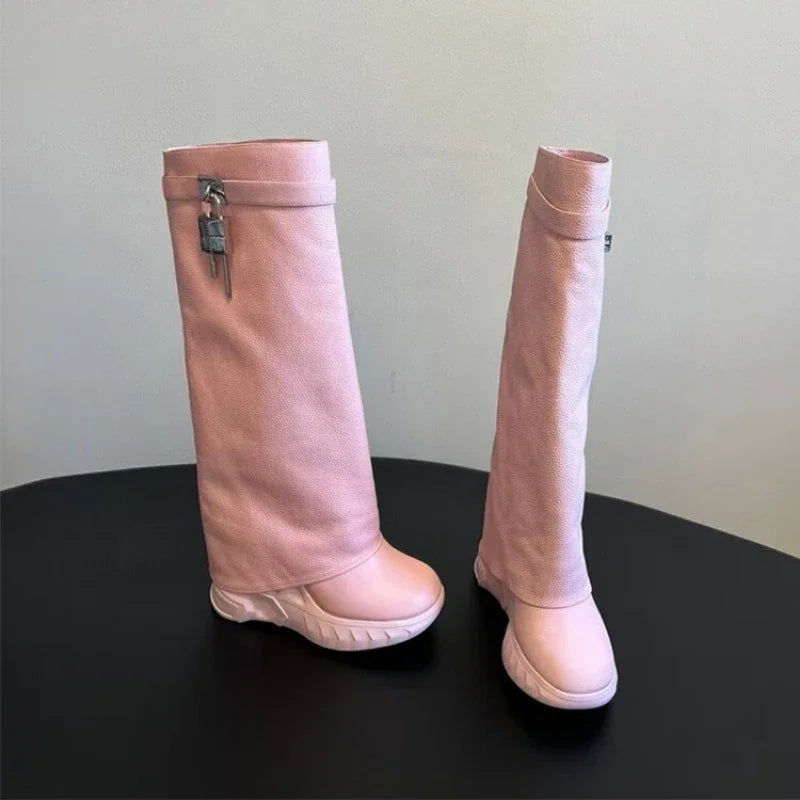 Leather Metal Padlock Woman Knee Length Boots Black Pink Slope Heel Autumn Winter Skirt Boots Size 35-43 Women Shoes