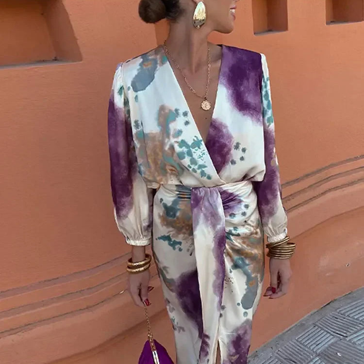 Women Skirt Fashion Stain Print Skirt Set Chic Cross V Neck Long Sleeves Shirt Slit Midi Skirts Suit Lady Fashion Outfits Suit