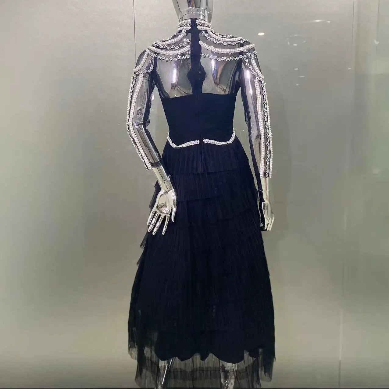 Elegant Red Carpet Evening Party Dress Women Long Sleeve Sexy Shinning Crystal Pearl Beading Ball Gown Long Dress 2024 New Style