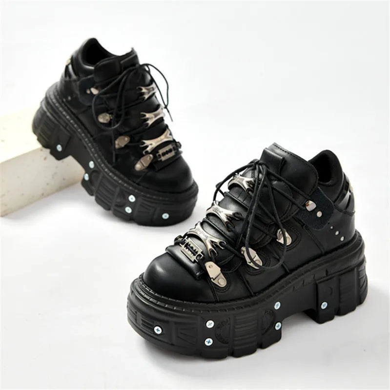 2025 Fashion Women Ankle Boots Woman's Thin Heels Round Toe Lace-Up Metal Decoration Sneakers Ladies Rivet Punk Gothic Rock Shoe