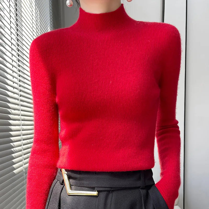2022 Autumn and Winter Women's Cashmere Sweater Pullover Half Turtleneck Casual Fashion Pure Color High Quality Warmth Comfort wind red