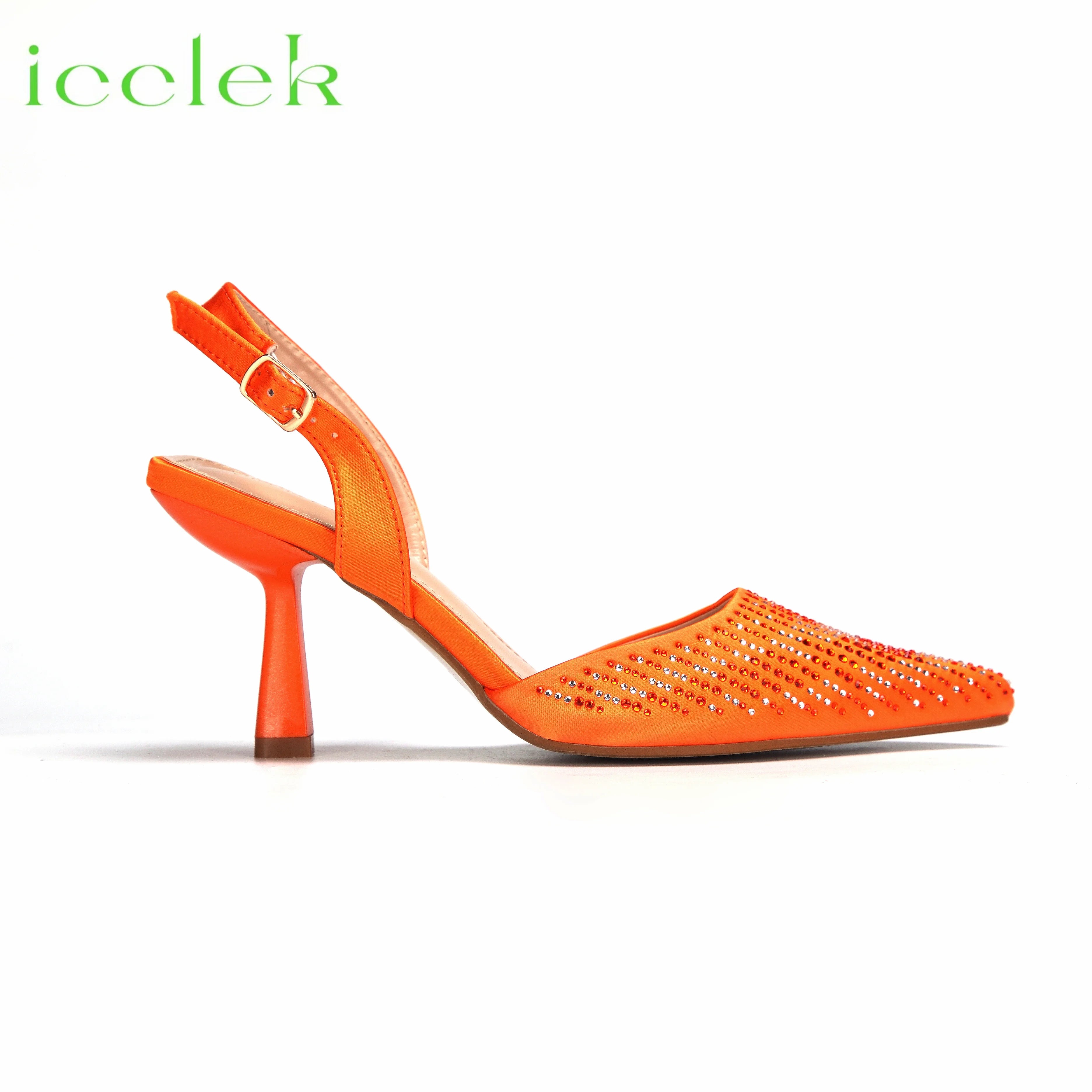 Orange Color Pointed Toe Decorated with Bling Bling Rhinestones Design Ladies Shoes Matching Bag Set For Party