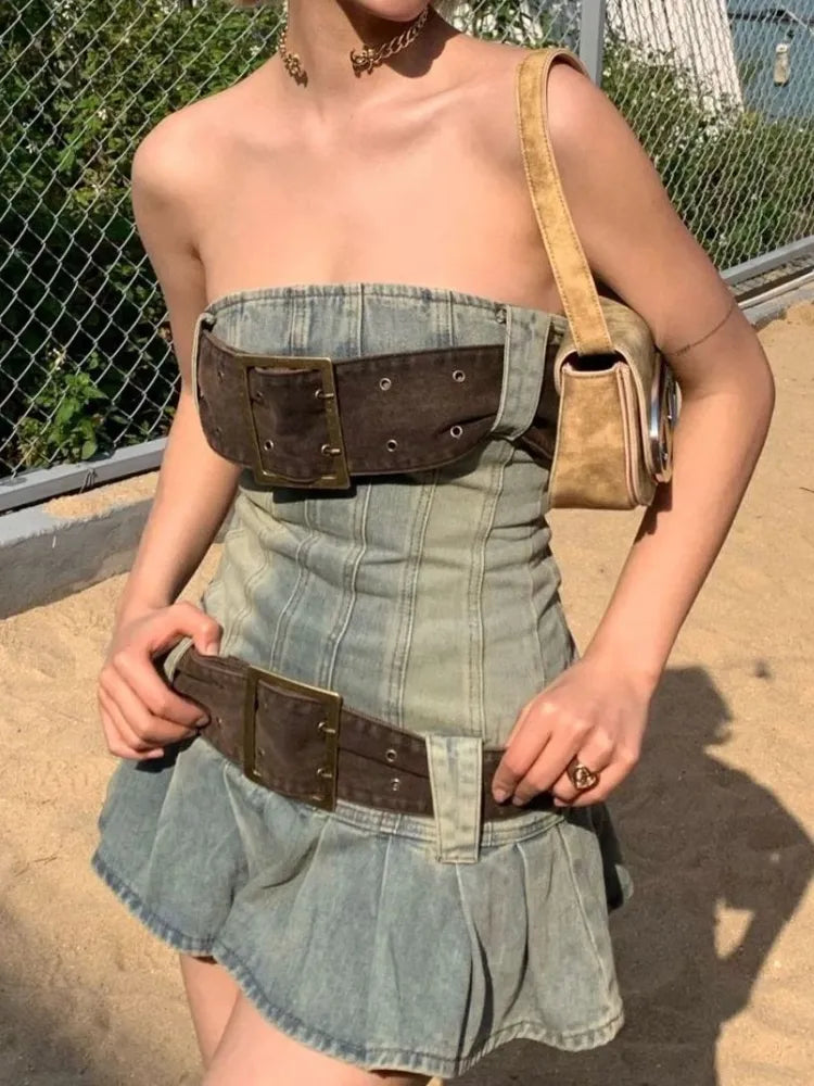 HOUZHOU Vintage Y2k Strapless Denim Dress Women Summer Bodycon Sexy Korean Fashion Kpop Belt Pleated Mini Dress 2000s Streetwear Picture