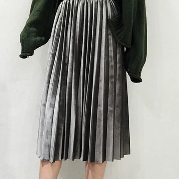 Spring Women Long Metallic Silver Maxi Pleated Skirt Midi Skirt High Waist Elascity Casual Party Skirt GRAY One Size