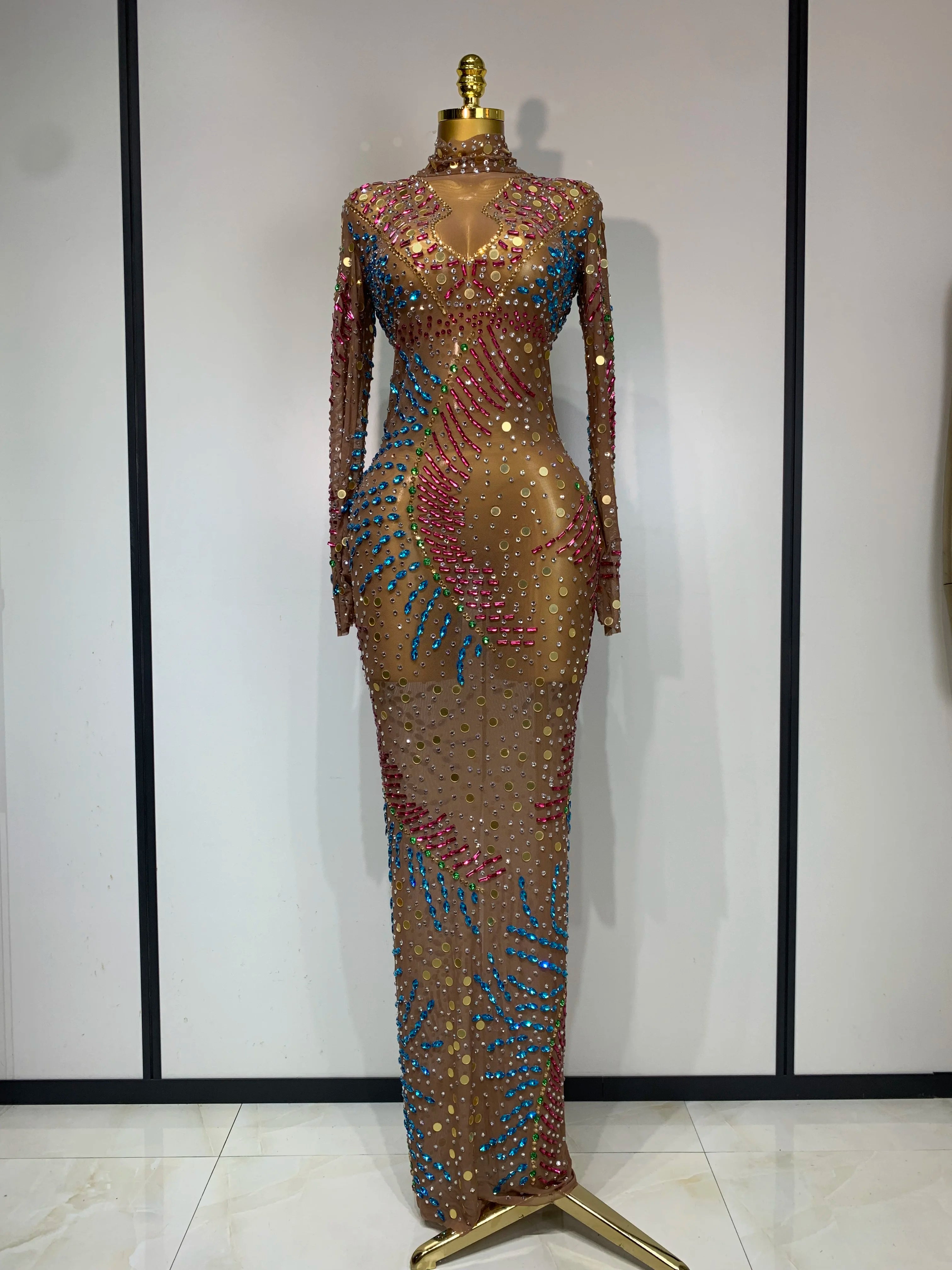 Women Sparkly Rhinestone See Through Elastic Mesh Women Long Dress Evening Prom Birthday Party Wear Club Performance Costume