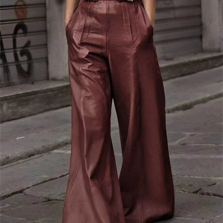 Modigirl Autumn Winter Women's Faux Pu Long Pants High Waisted Loose Pleated Pockets Streetwear Female Wide Leg Trousers Brick Red