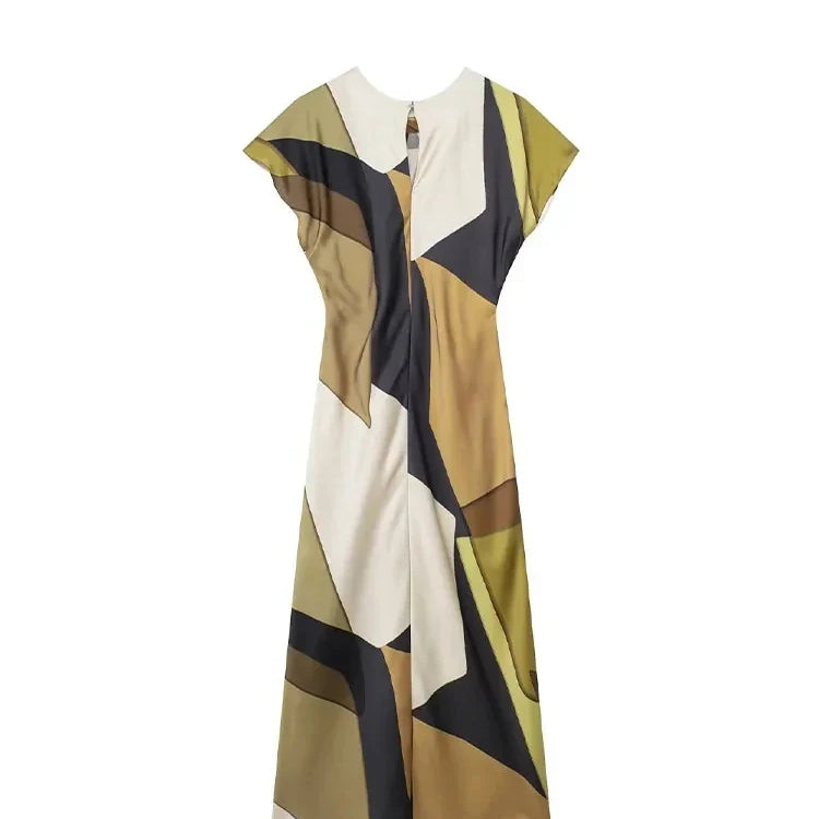 TRAFZA New Summer Women's Long Dress Print O-Neck Short Sleeves Back Hollow Out Vinatge Chic Pleats Loose Female Dresses